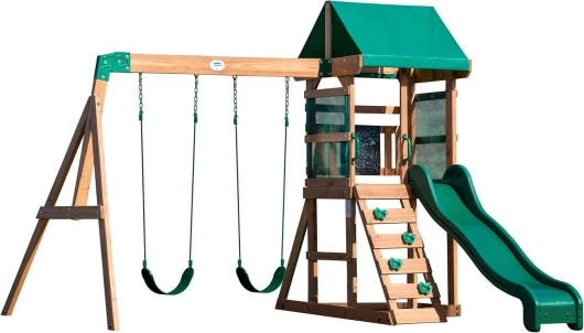 Buckley Hill Aire de Jeux en Bois - Aire de Jeux Extérieur avec balançoire/Toboggan/bac de Sable/échelle - Balancoire Exterieur avec Toboggan, Portique Balancoire Exterieur Marron, Vert