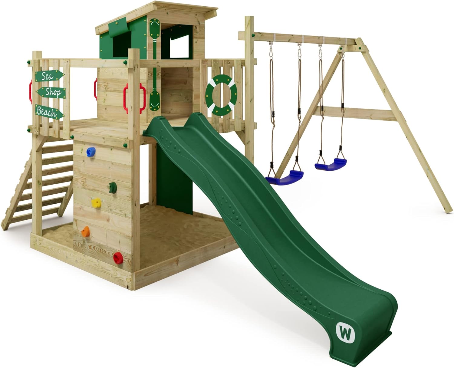 Aire de Jeux Smart Camp portique en Bois avec balançoire et Toboggan Vert, Tour d'escalade pour Enfants avec bac à Sable, échelle et Accessoires de Jeu pour Le Jardin.