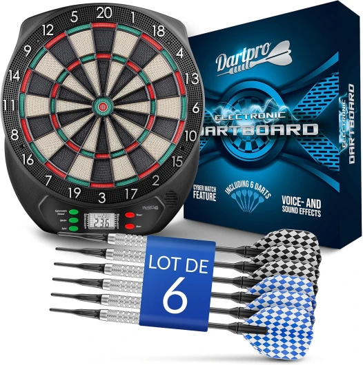 DartPro Cible de fléchettes électronique avec 6 fléchettes [utilisable sans fil] - Distributeur de fléchettes innovant avec 65 variantes - Fléchettes pour 1 à 8 joueurs cylinder