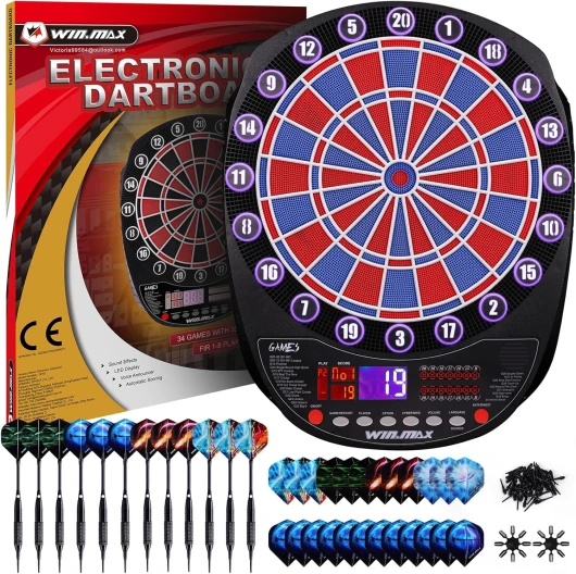 Cible de fléchettes électronique Professionnelle 34 Jeux avec 354 Variantes 3 Langues : Allemand, Anglais, français pour 1 à 8 Joueurs avec 12 fléchettes Rouge, bleu avec des lumières