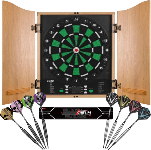 CyeeLife Cible de fléchettes électronique avec Portes d'armoire, Automate de fléchettes avec Ordinateur de Jeu incluant 12 fléchettes & Accessoires, 34 Jeux & 355 Variantes, Mode 8 Joueurs