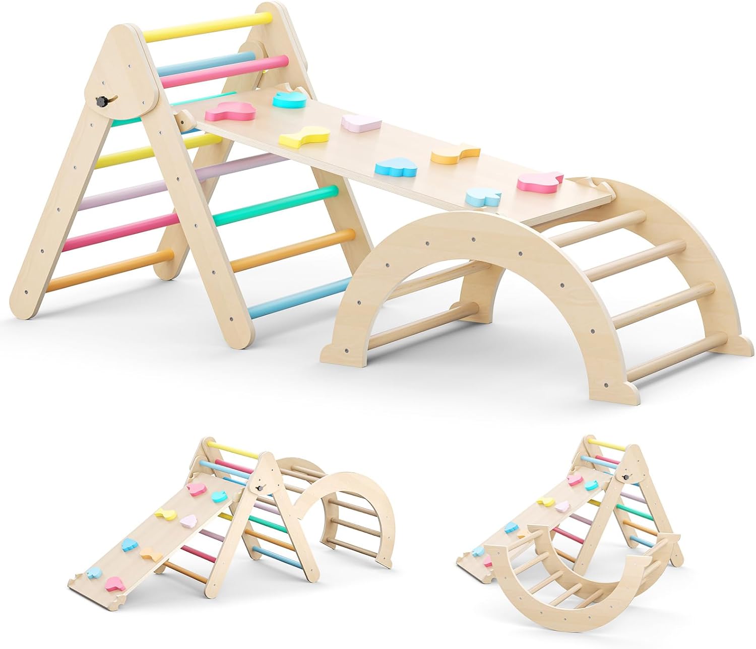 Nmoiww Balançoire d'intérieur pour Tout-Petits, échelle d'escalade Triangulaire Pliable, balançoire en Bois d'arc-en-Ciel, Jouet d'escalade Montessori, Charge de 64 kg (Couleurs de l'arc-en-Ciel)