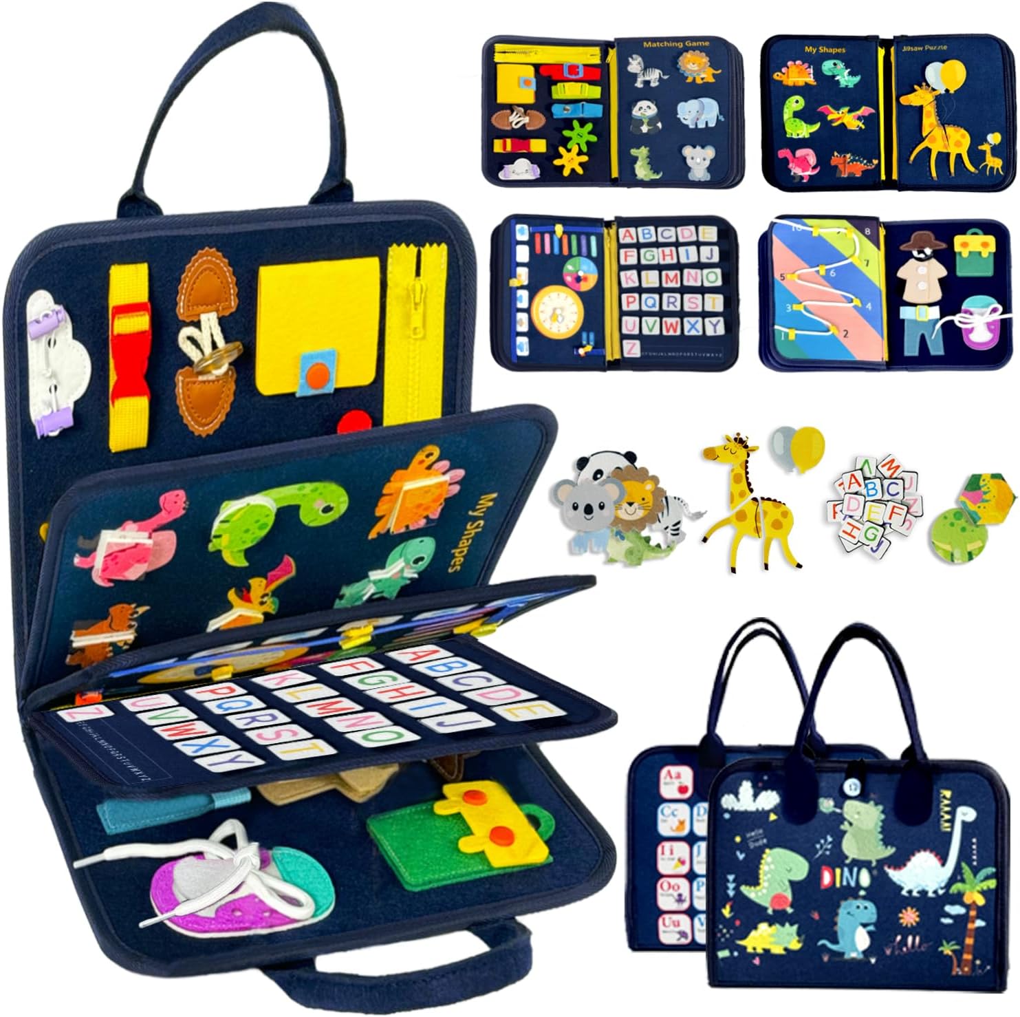 Busy Board Jeux Montessori Jouet Enfant 1 2 3 4 Ans, Educatif Sensoriel Jouets pour les Tout-petits de 1-3 Ans, Voiture Avion Voyage Activités Jeu les Enfants de 2-4 Ans, Cadeau pour Garcon Fille Bleu Dino/P8