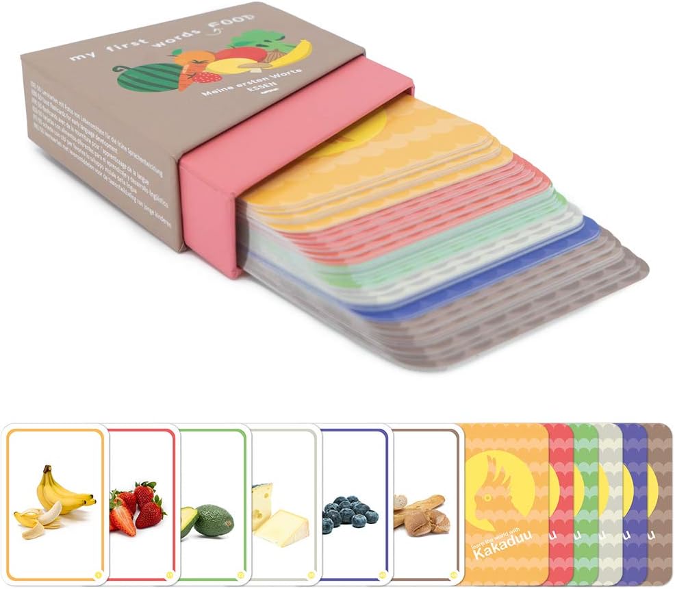 Kakaduu Le Jeu d’Apprentissage de pour Enfants à partir de 1 Ans: „Mes Premiers Mots – Les Aliments“ - 50 Cartes d’Image avec Photos pour développer Les compétences de langage - Jouets des Montessori.