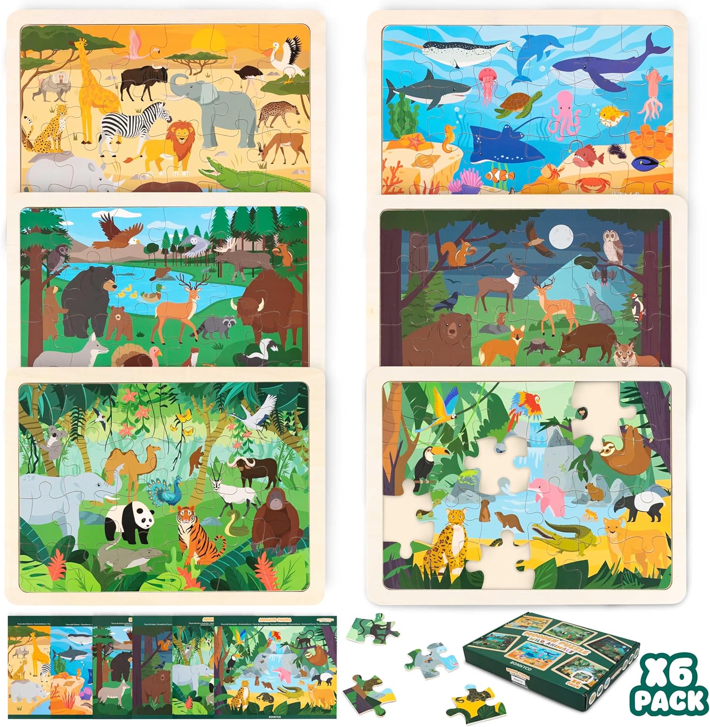 Puzzle Bois Enfant 6 Ensembles 24 Pcs, Animaux de Différents Écosystèmes - Puzzle 3-8 Ans avec Plateau, Jouet Educatif - Cadeau Garcon et Fille, Anniversaire, Noël