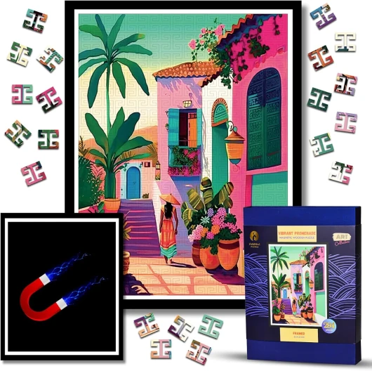 Magnétique Puzzle en Bois pour Adultes avec Cadre - Art Deco Tableau Decoration Murale - Idée Cadeau Original Noel Anniversaire - Paysage Vibrant Promenade