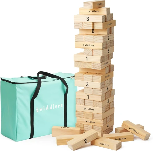 XXL Tour Géante à Bascule en Bois avec 64 Blocs & Sac de Transport (Pile Jusqu'à 1,5 m) - Jeu de Jardin Géant en Prime, Intérieur & Extérieur, pour Enfants, Adultes & Famille Très Grand