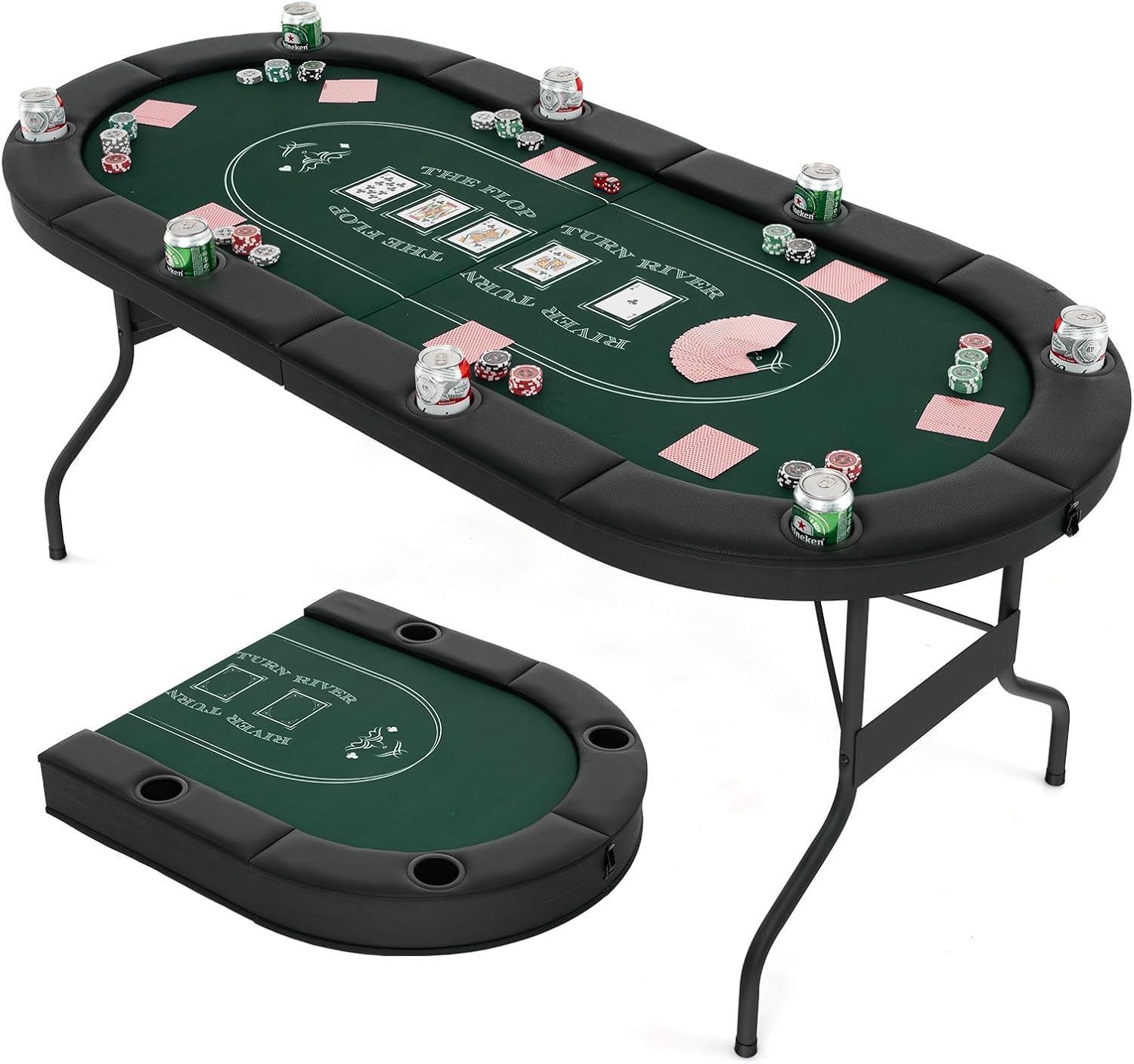 Table de Poker Pliable 182 cm pour 8 Joueurs, Table de Jeu de Cartes avec 8 Porte-gobelets en Métal & Rails Rembourrés, Table de Casino pour Salle de Jeux, Maison Vert