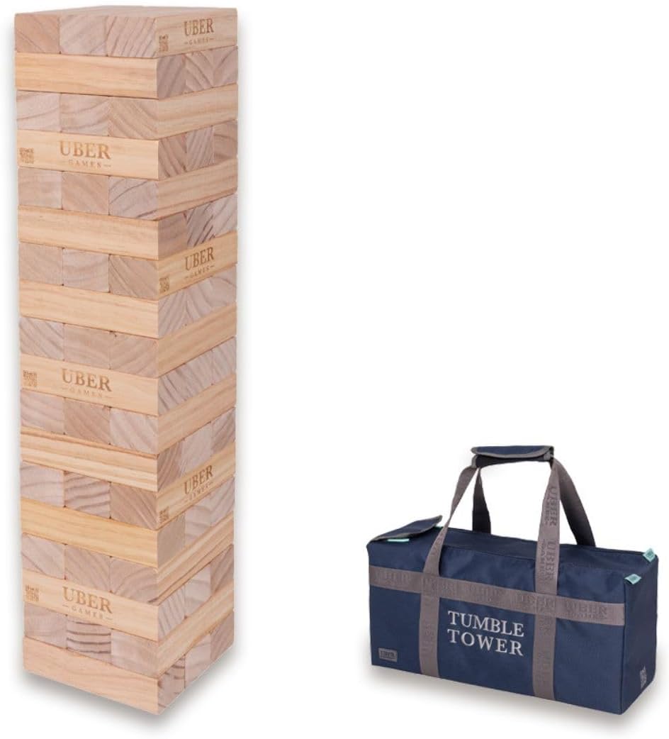Ubergames Tour mobile géante jusqu'à 90+ cm XXL Jumbo Hi-Tower dans sac – 0,9 m (max dans le jeu - Jeu de tour en bois de pin massif – blocs de luxe supplémentaires et sac (jusqu'à 90 cm) bis 90+ cm