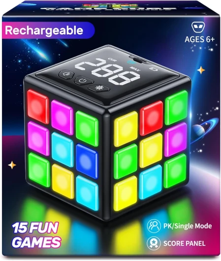Xinbeiya Cube de Jeu Rechargeable, 15-en-1 Jeux de Cerveau & Mémoire & Rapidité pour Enfants, Cadeaux Anniversaire Noël pour Garçons et Filles Âgés 6-12 Ans, Version Française(Noir)