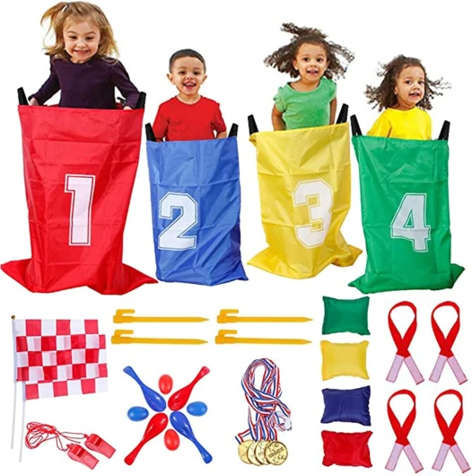 GOLDGE Jeux Exterieur Enfant, Course de Sac, Course À 3 Pattes, Jeux Anniversaire Exterieur, Course Aux Oeufs-avec Médaille, 32PCS 4-in-1 Ensemble de Sports Day Jeux, Fête Jeux pour Enfants Adultes