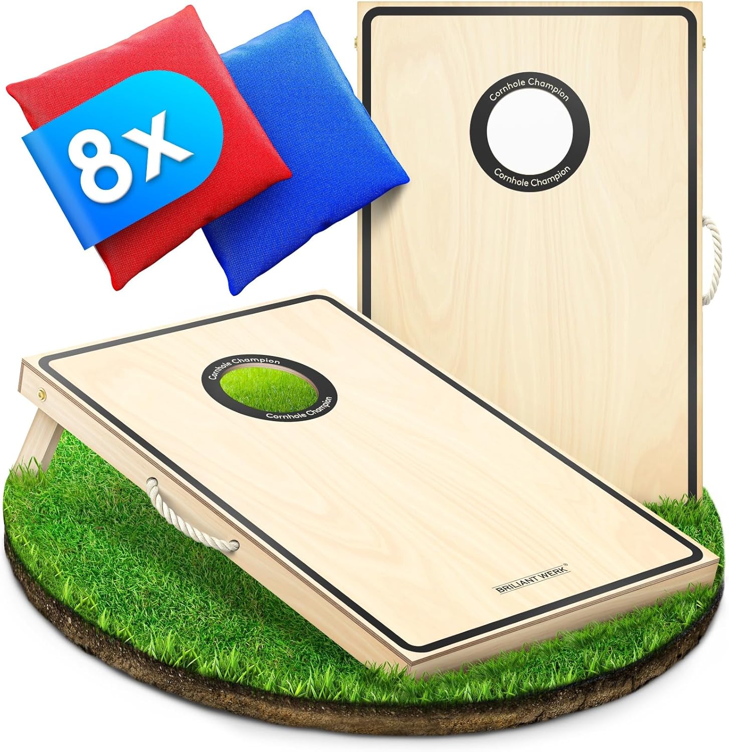Briliantwerk® Cornhole – Set Complet Officiel en Bois avec 2 Planches, 8 Sacs & Housse - Jeu de Lancer extérieur pour Adultes & Enfants – Idéal Jardin & Plage vernis transparent