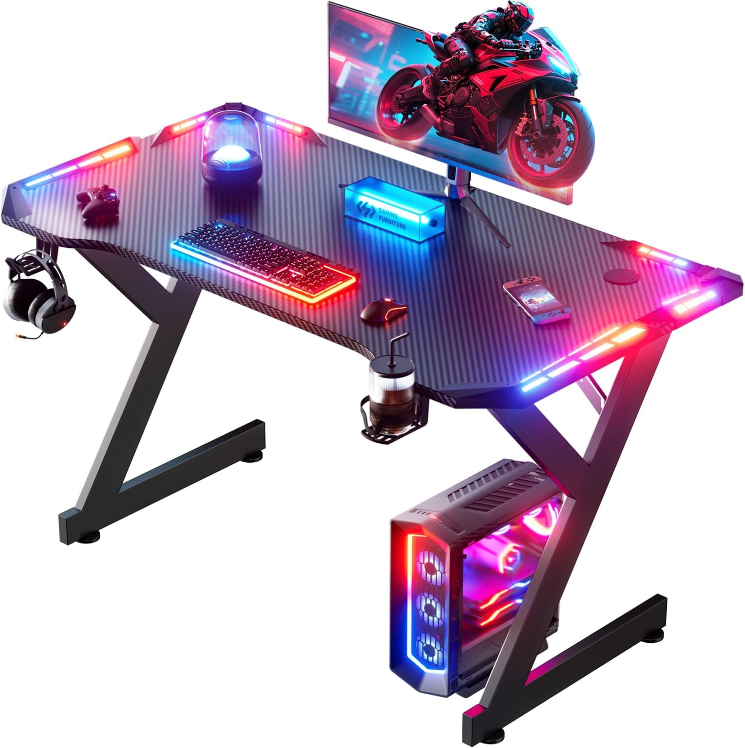 LED Bureau Gaming 100 x 60 cm, Bureau Gamer Ergonomique avec Porte-gobelet et Crochet pour Casque, Bureaux Informatique avec Plateau en Fibre de Carbone, Table Gaming Noire