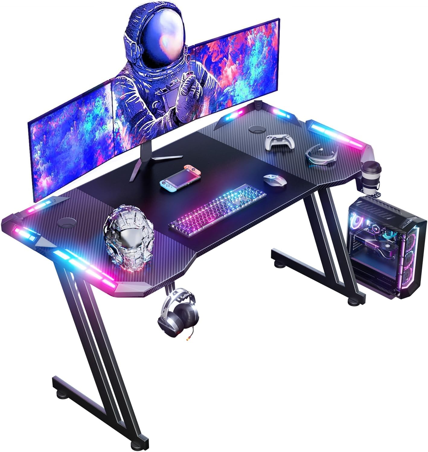 120 x 60cm Bureau Gaming LED, Grande Bureau Gamer avec Un Plateau en Fibre de Carbone, Bureau Informatique Ergonomique avec Tapis de Souris, Porte-gobelet et Crochet pour Casque, Noir 120cm