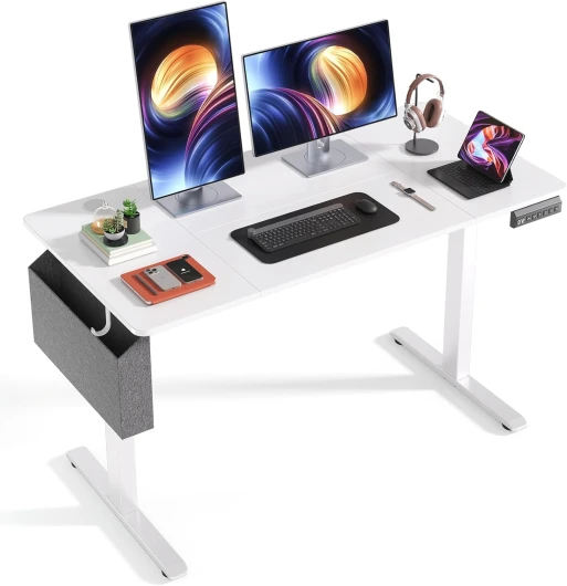 Bureau Électrique Assis-Debout 160 x 70 cm - Réglable en Hauteur avec 3 Fonctions Mémoire - Table de Jeu avec Plateau de Gestion des Câbles, Poche Latérale et Crochet, Blanc 160 x 70 cm Blanc
