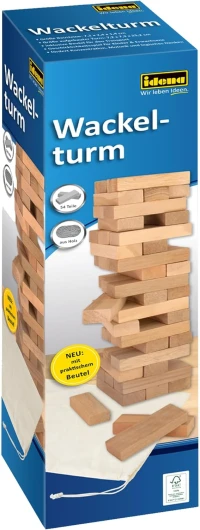 40087 - Wackelturm Jeu en Bois, Jeu d'adresse avec 54 Briques et Sac de Rangement, Grande Tour à empiler d'env - 8 x 8 x 26 cm