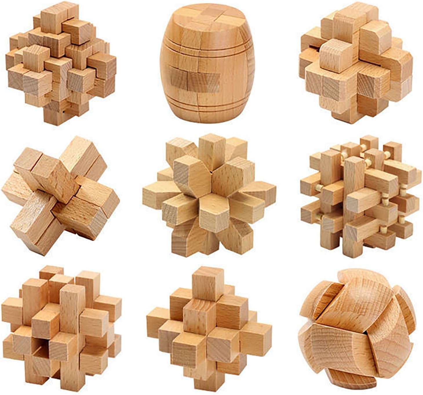 Holzsammlung 9 Pièces Casse-Tête en Bois Puzzle 3D Jeu de Logique Educatif Jeu de Patience Jigsaw Lock Cube, Intelligence Géométrie Logique Défi Jouet IQ Jeu de Réflexion pour Enfants et Adultes Brainteaser-128