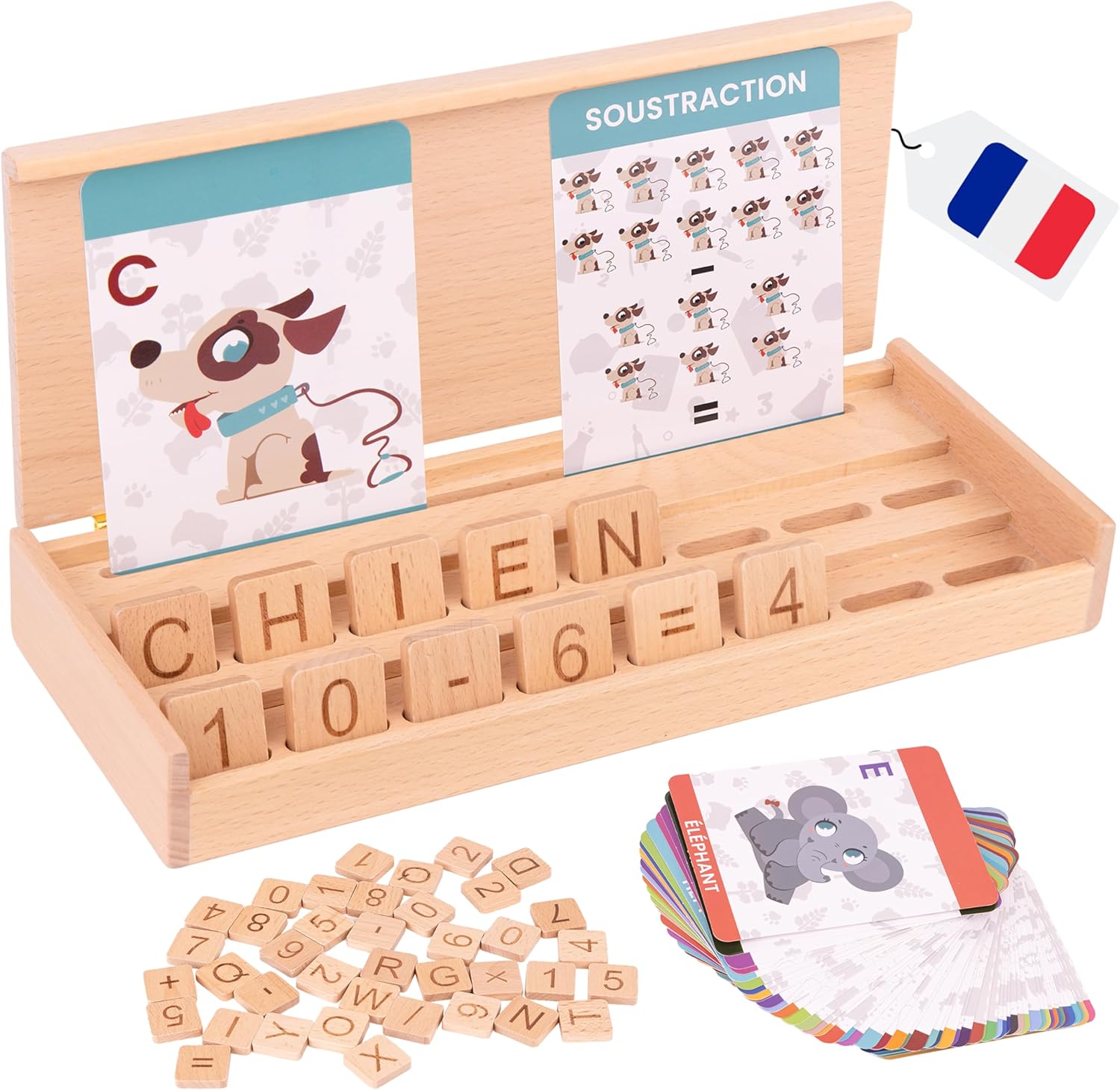 MONTINATUR Jeu Éducatif Montessori 3-8 Ans en Bois - Cadeau Enfant 3 4 5 6 7 8 Ans-Apprendre à Lire Écrire Compter 54 Cartes - 52 Lettres Jeux de Société Mathématiques Jouet-Garçon Fille Voyage