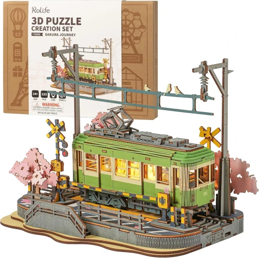 3D Puzzle Voyage de Sakura Puzzle en Bois pour Adultes à Construire Sakura Densya Modèles avec LED Animation Scène Décoration d'Intérieur Cadeaux d'anniversaire pour Femme/Homme