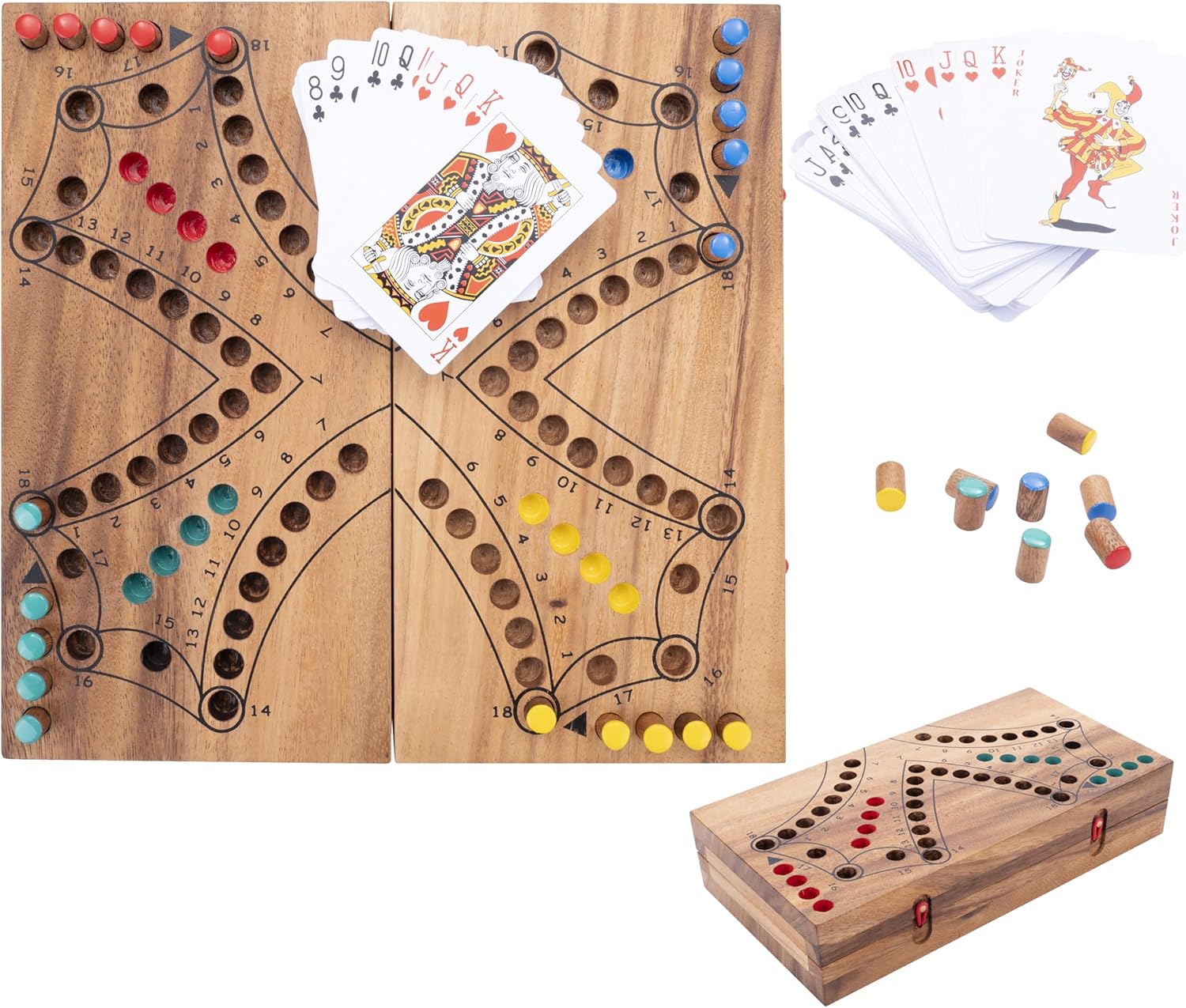 350261 - Jeu de Tock en Bois - 4 Joueurs - Coffret en Bois Écologique - Jeu Traditionnel Canadien - Parcours avec Cartes - À partir de 6 Ans - Amusant et Stratégique Tock 4 Joueurs