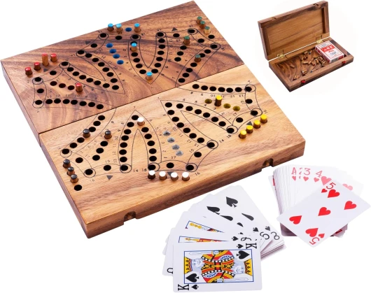 350260 - Jeu de Tock en Bois - 6 Joueurs - Coffret en Bois Écologique - Jeu de Société Traditionnel Canadien - Parcours avec Cartes – 2 à 6 Joueurs