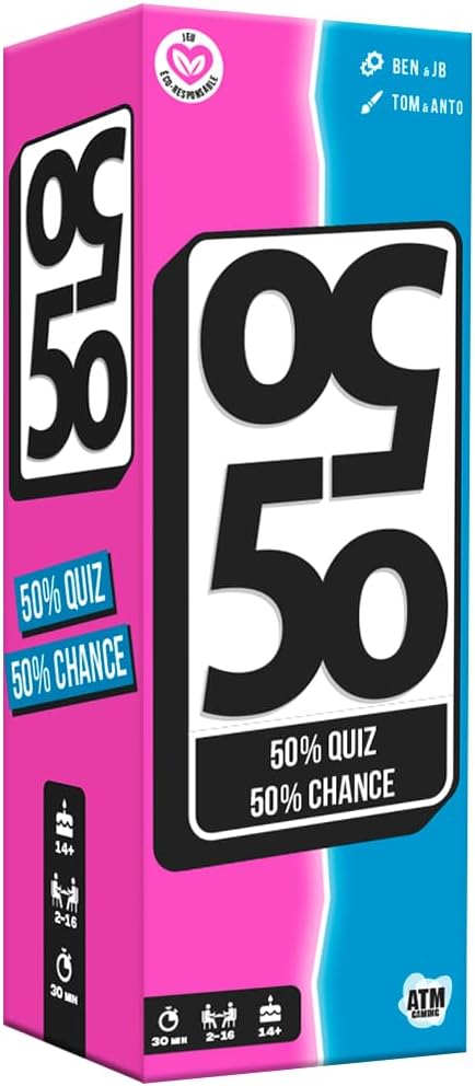 50 50 - Jeu de Société - Quiz Culture Générale Fun - Jeu d’Ambiance dès 14 Ans - Pour Ados et Adultes - A partir de 2 Joueurs - Famille, Soirées, Apéros, Cadeau Drôle et Original - Format Compact