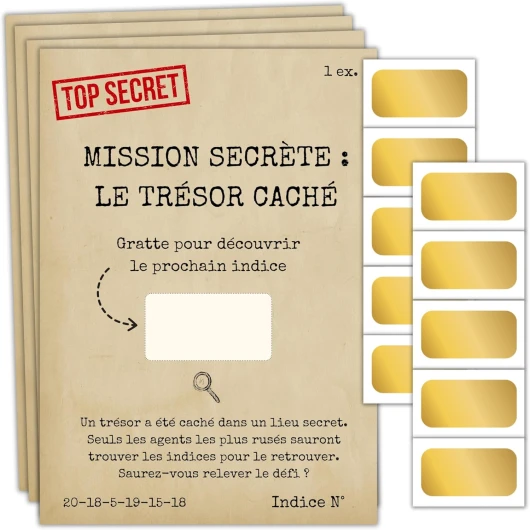 Chasse au Trésor à Gratter pour Goûter ou Fête d'anniversaire - Activité Intérieur Extérieur Vacances Jeux pour Enfant 5-12 Ans - Thème espionnage -10 Cartes Personnalisables + 10 Pastilles