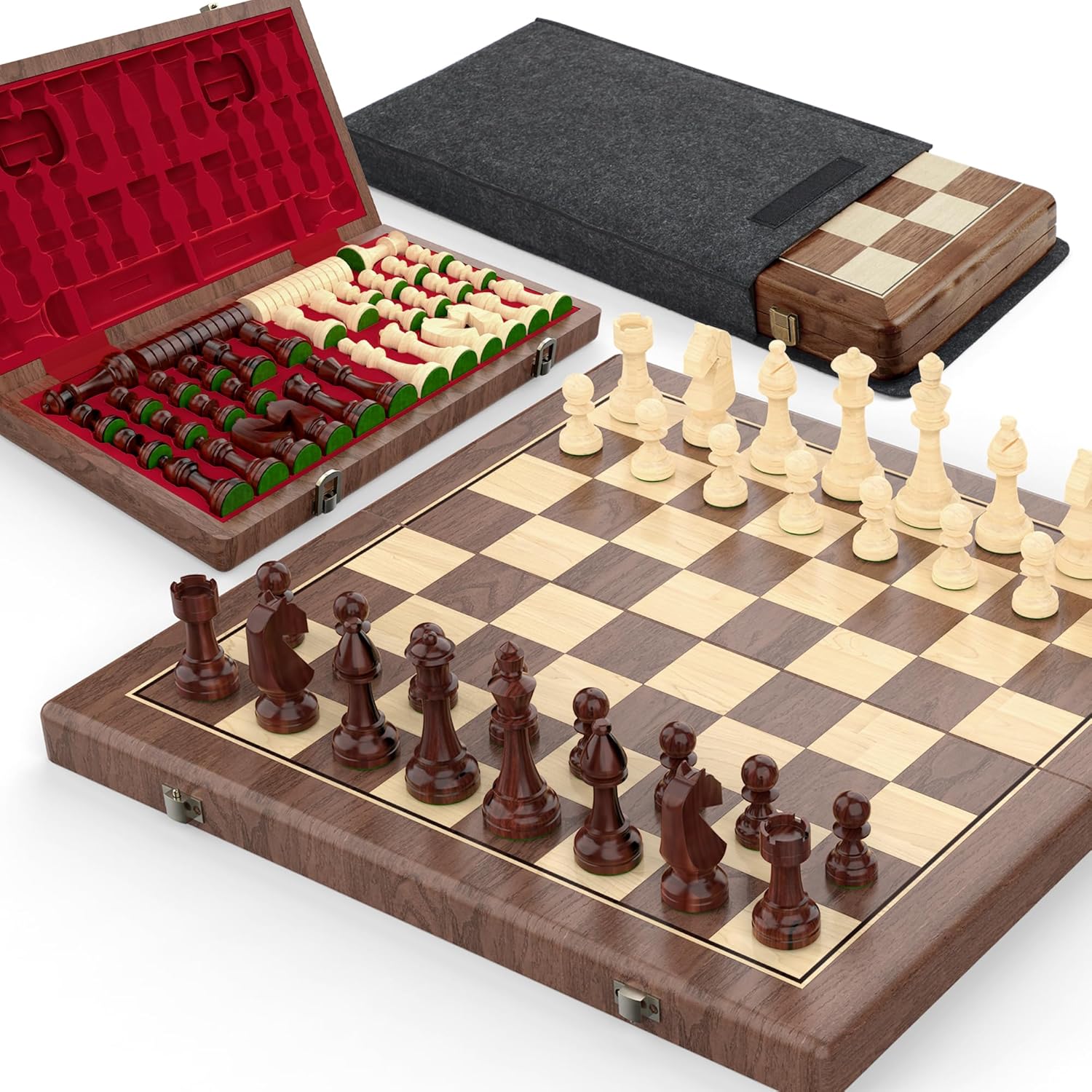 Ensemble d'échecs et de dames magnétiques en noyer de qualité supérieure - 38 cm - Jeu de société pliable en bois avec figurines Staunton, 2 pions supplémentaires pour femme et sac de protection Rouge