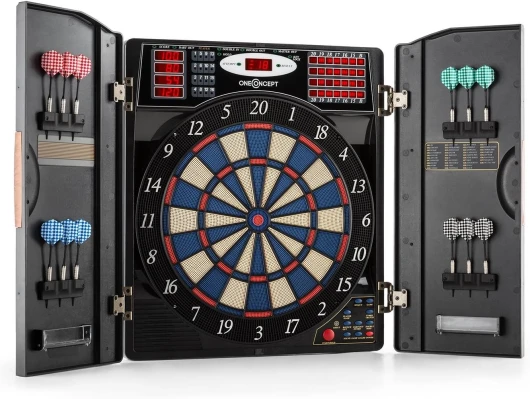 Oneconcept Masterdarter - Cible fléchette, Jeu de fléchette, Jeux de fléchette électronique, Jeu de PC, 38 Jeux, 211 Variantes, Jusqu’à 16 Joueurs, Affichage LED, Pointe Douce Noir