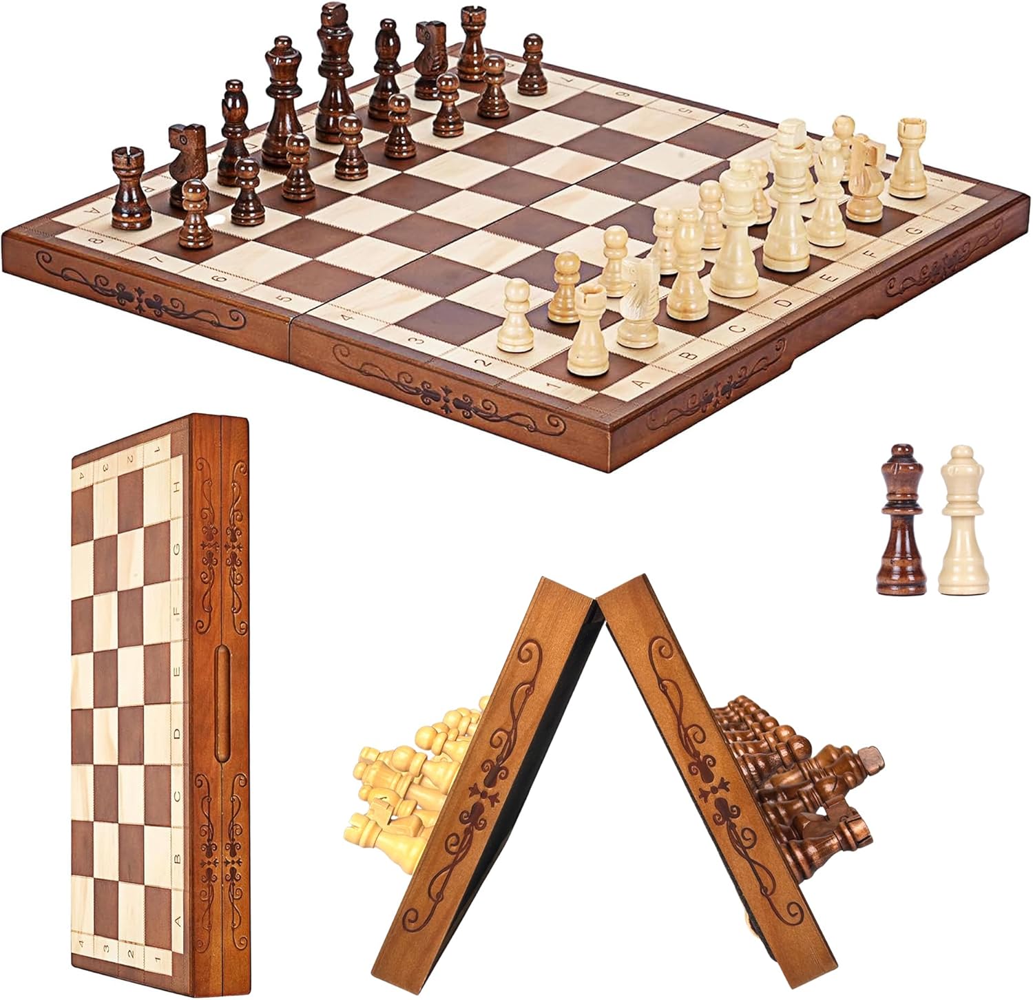 Syrace Jeu d'échecs et de dames magnétique en bois pour enfants et adultes, pliable, sculpté à la main, avec pièces et rangements, 40 cm (jeu d’échecs magnétique luxueux)