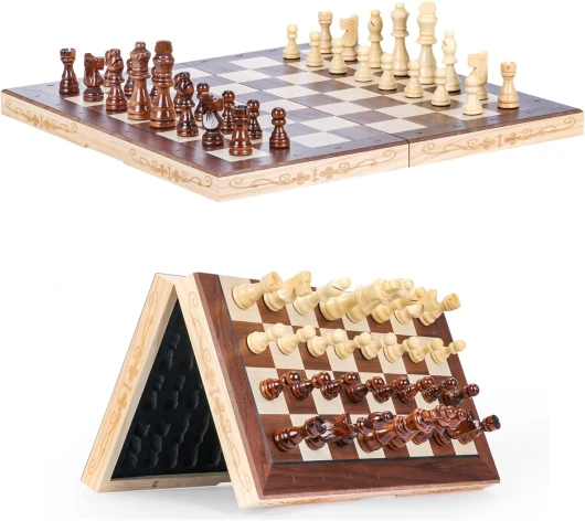 Syrace Magnétique Echiquier en Bois, Jeu d'échecs de Voyage Pliables, Échecs et Dames 2 en 1 avec Emplacements De pour Rangement, 40CM X 40CM… Magnétique Pièces d'échecs & Grande taille