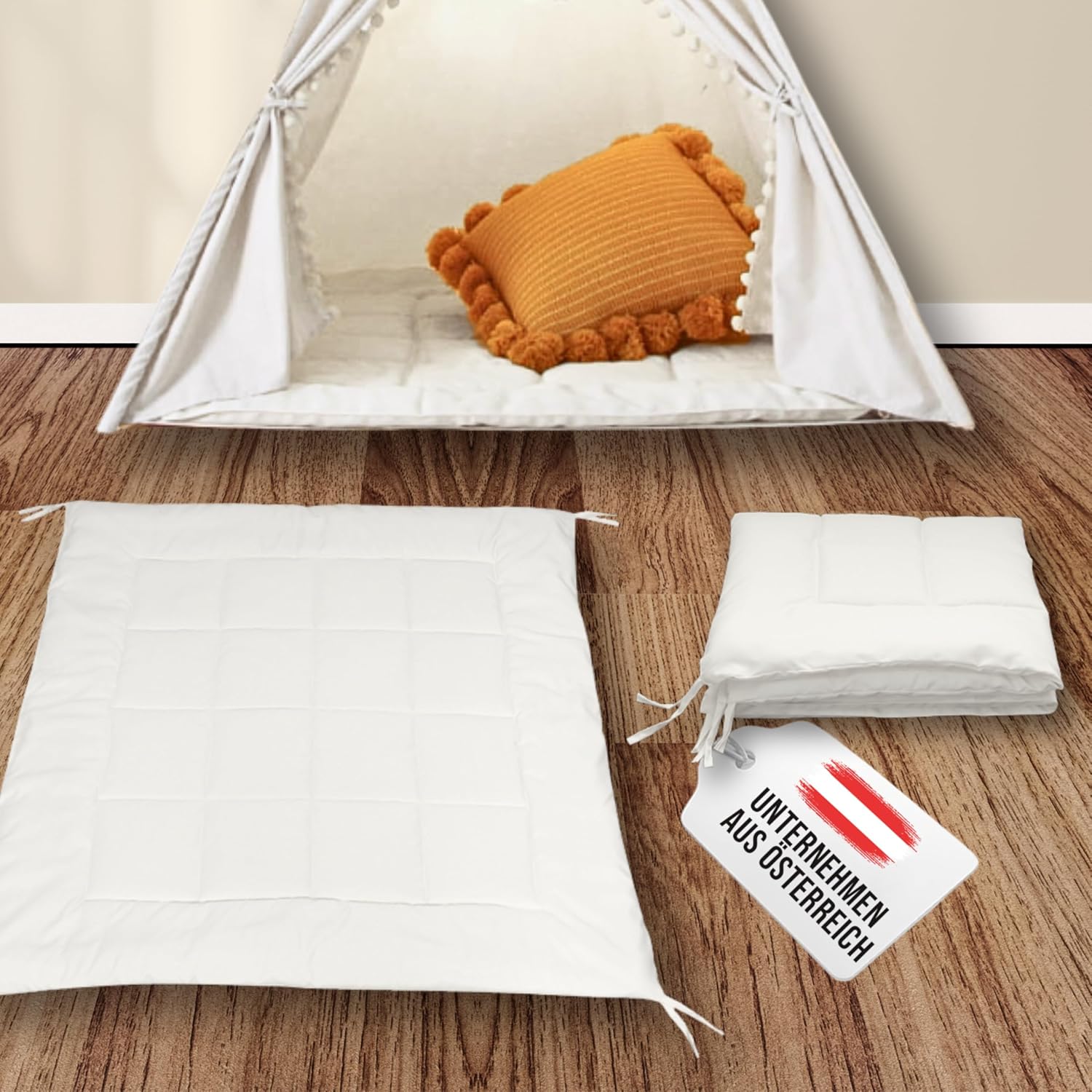 LIONHERZ® Tapis tipi avec rubans, 120 x 120 cm, tapis de sol rembourré pour tente de jeu/maison de jeu, couverture de jeu carrée douce pour enfants, insert matelassé à nouer (blanc brillant)