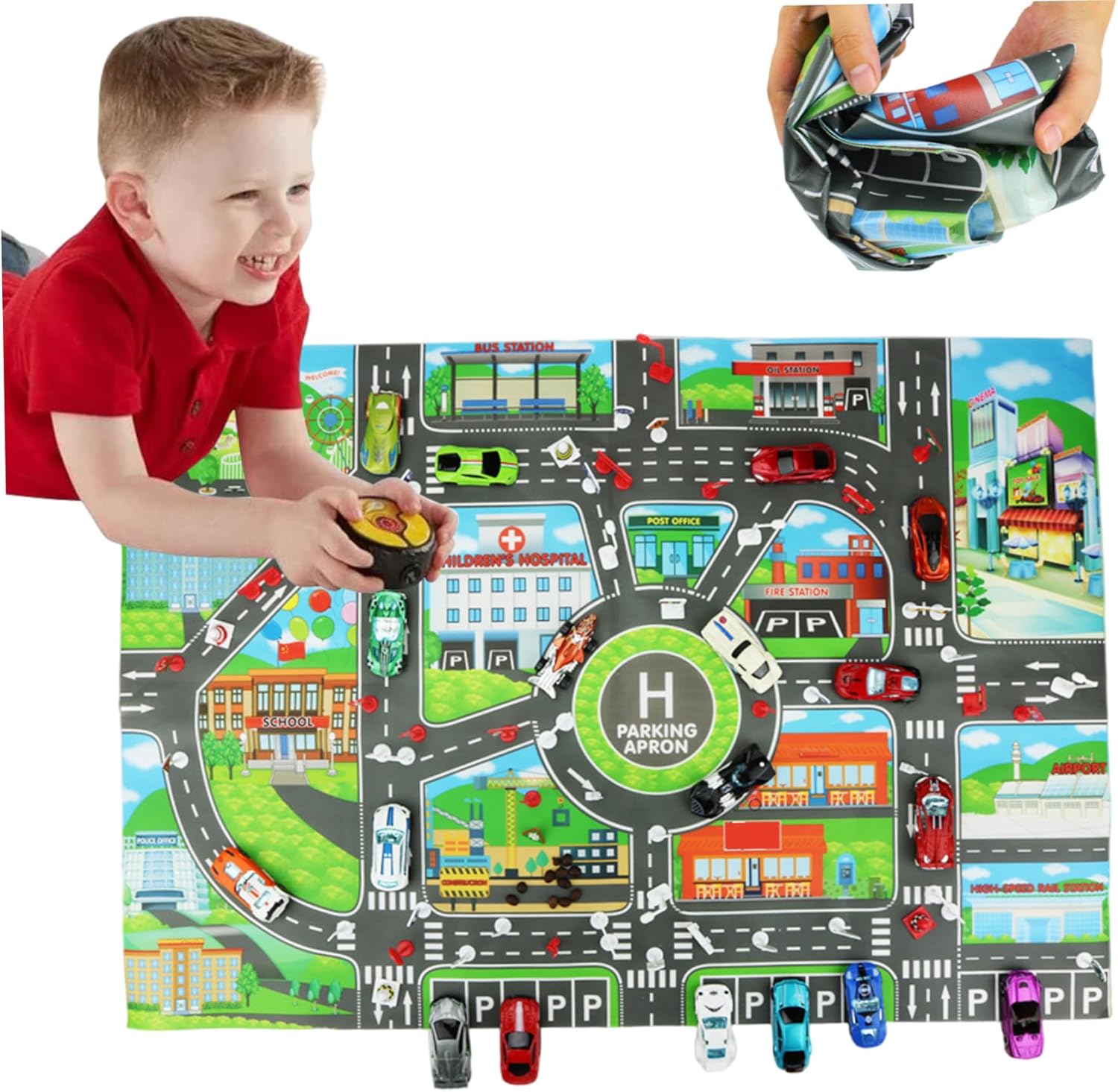 Tapis de Jeu pour Voiture, 33 x 23 Pouces, imperméable, en Tissu Non tissé, Pliable, antidérapant, éducatif, pour Salle de Jeux, Chambre à Coucher, Tapis Route pour Enfants, Voiture p