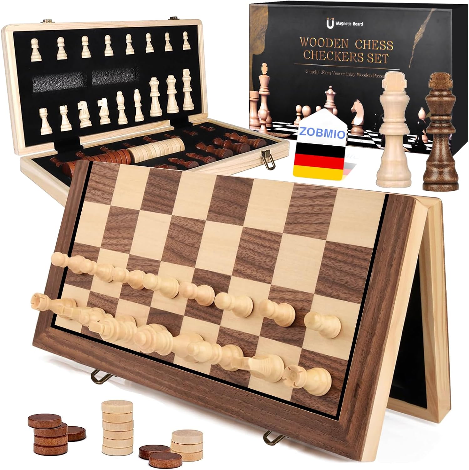 Jeu d'échecs magnétique Pliable en Bois de 39 cm Échiquier en Bois,échecs 2 en 1, Portable, échiquier Pliable, échecs pour Les activités familiales de fête, Jeu d'échecs pour Enfants (39 x 39 cm)