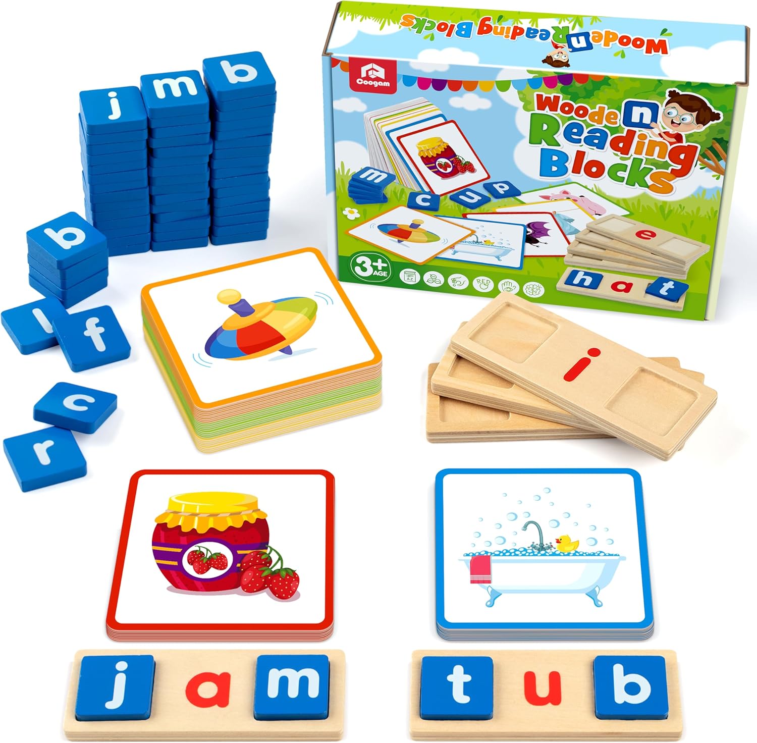 Voyelle Courte en Bois Lecture Lettres Tri Jeux d'orthographe, Mots à Vue Flashcards Alphabet Puzzle Montessori Jouet Éducatif Cadeau pour Enfants 3 4 5 Ans