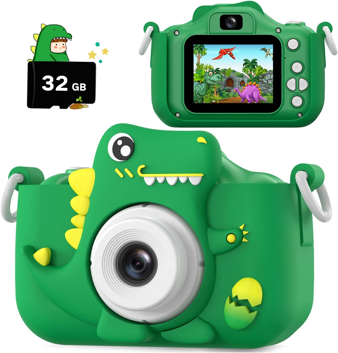 HOOMOON Dinosaure Appareil Photo, Caméra Selfie Jouet Fille Garçon, Carte SD 32 Go, Enregistreur Vidéo HD 1080p, Cadeaux d'anniversaire de Noël pour 3 4 5 6 7 8 9 10 Ans Enfants H22-Green-New