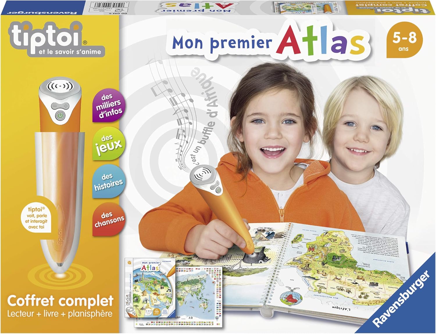 Tiptoi®- Coffret Complet Lecteur interactif + Livre Mon Premier Atlas - Jeu éducatif électronique, sans écran - A partir de 5 Ans - Version française - 00 032 Sans Piles Unique