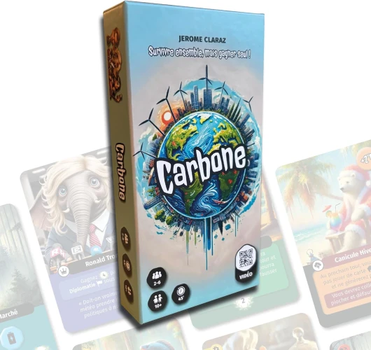 Carbone – Jeu de société • Stratégie & Coopération Climatique • 2‑6Joueurs • 45Min • Diplomatie et rôle caché • Conception écologique • Personnalisable