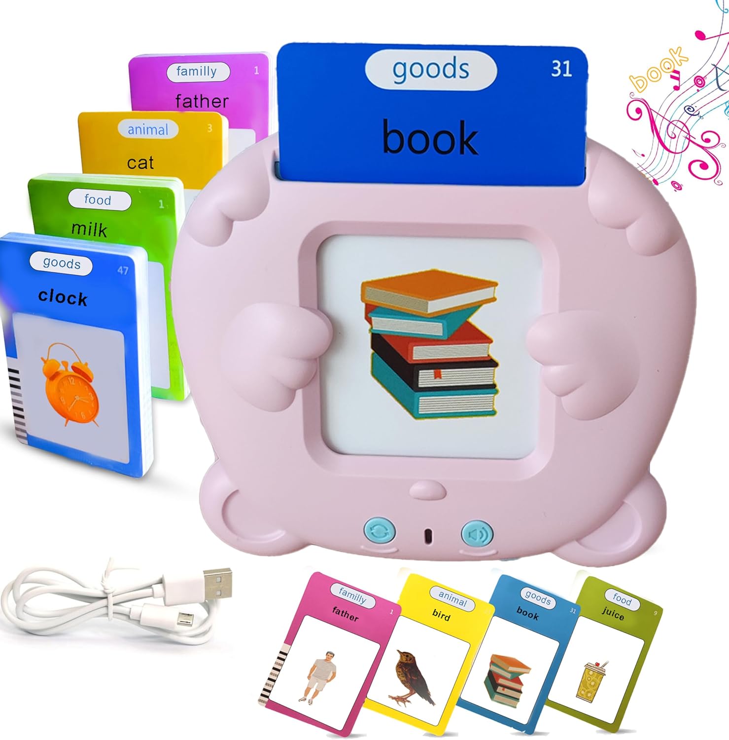 Cartes Flash Parlantes éducatives pour Enfants Talking Flash Cards 112 Cartes 224 Mots De 3 4 5 6 7 Ans Montessori Autiste Jouet éducatif pour Enfant Cadeau d'anniversaire motami (Anglais-Rose)