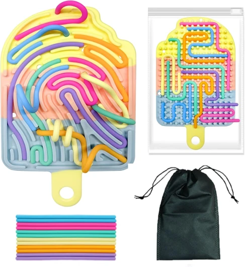 Planche d’Activités Sensorielles en Silicone Double Face avec 12 Cordons et Sac, Fidget Toys Jeux Anti Stress Jouet Sensoriel Enfant Adultes Autisme, Fidget Jouet Éducatif Nomade pour Concentrer