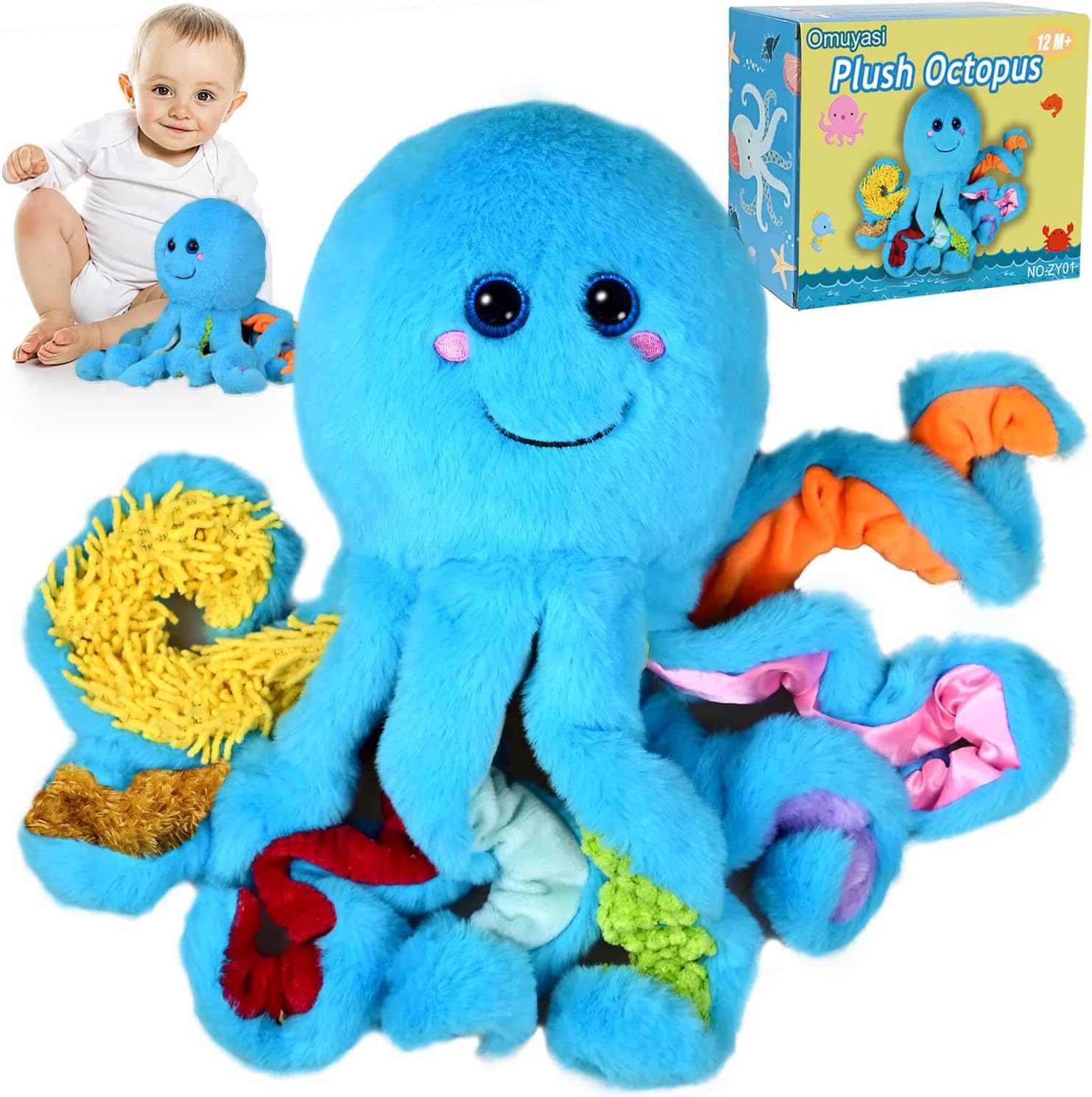 Omuyasi Peluche Pieuvre Jouet Bebe 1 an, Kawaii Montessori Sensoriel Jouet Enfant 1 2 3 Ans avec 8 Tentacules Texturés, Cadeau Fille Garcon Enfant 5 6 7 8 Ans, Autisme Jouets (Bleu)