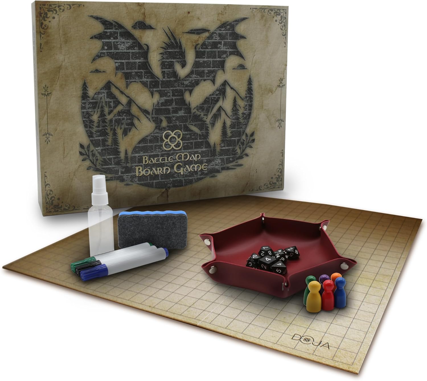 DOJA Barcelona - Tapis Jeu de Role pour Batailles - Inclut: Plateau a Dés Cuir, Gomme, Plateau Double Face avec Jetons, Tapis Réutilisable, Accessoires Jeux de Role De Société