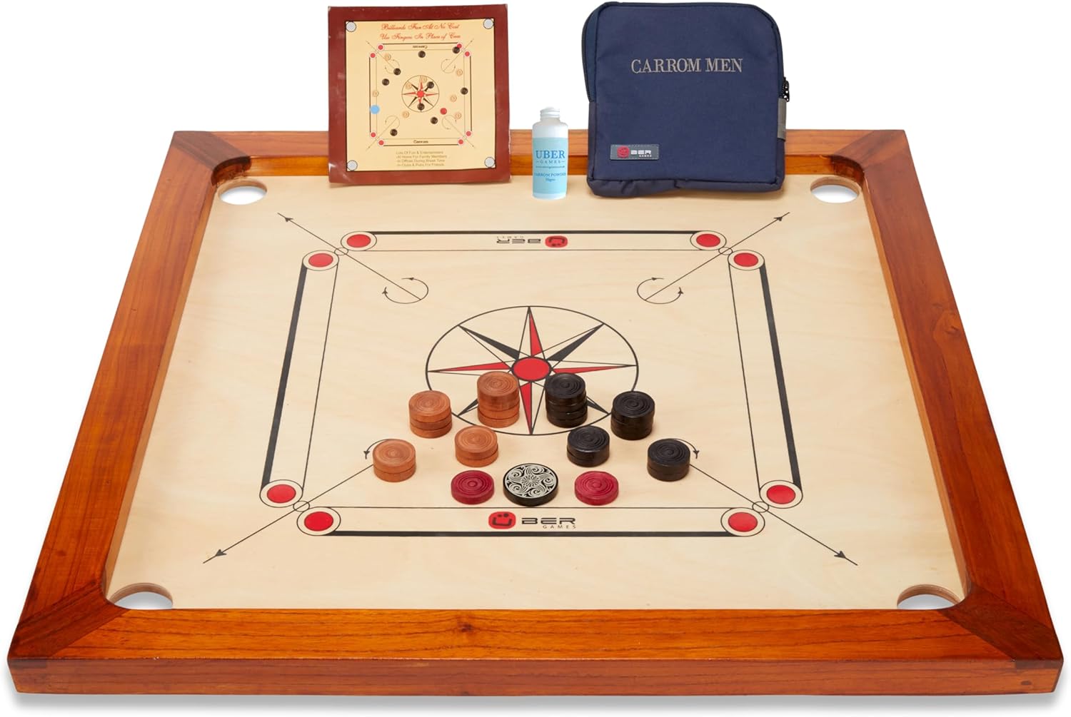 Uber Games Carrom Jeu d'adresse en bois de manguier poli Pions, palet et poudre inclus Surface du plateau de jeu 74 x 74 cm Épaisseur 4 mm 7 kg Ensemble de planches uniquement