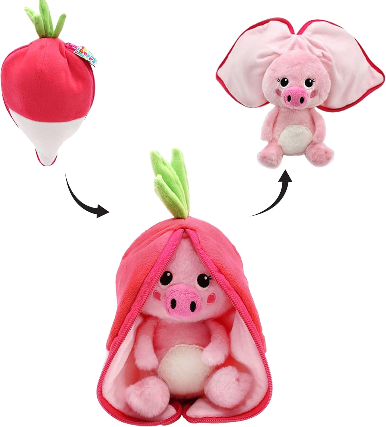 Les DEGLINGOS Doudou Piglet Le Cochon/Radis- Cochon Cache-Cache réversible - Peluche Toute Douce pour bébé - Idées Cadeaux de Naissance, Rose et Blanc
