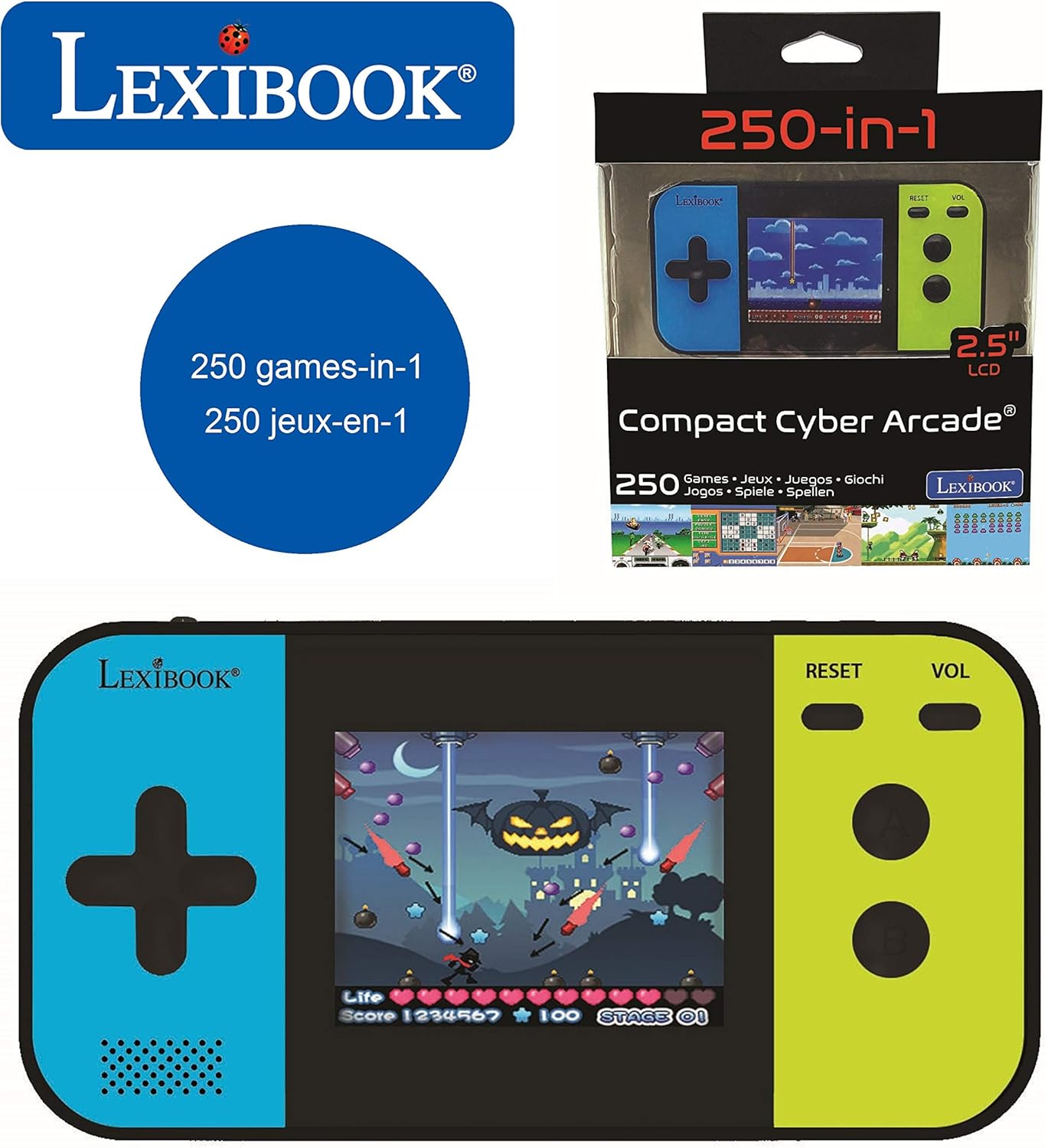 , Console de Jeux Portable Compact Cyber Arcade®, 250 Jeux, Jeu vidéo Enfant Adolescent, écran LCD, à Piles, Noir/Bleu/Vert, JL2377