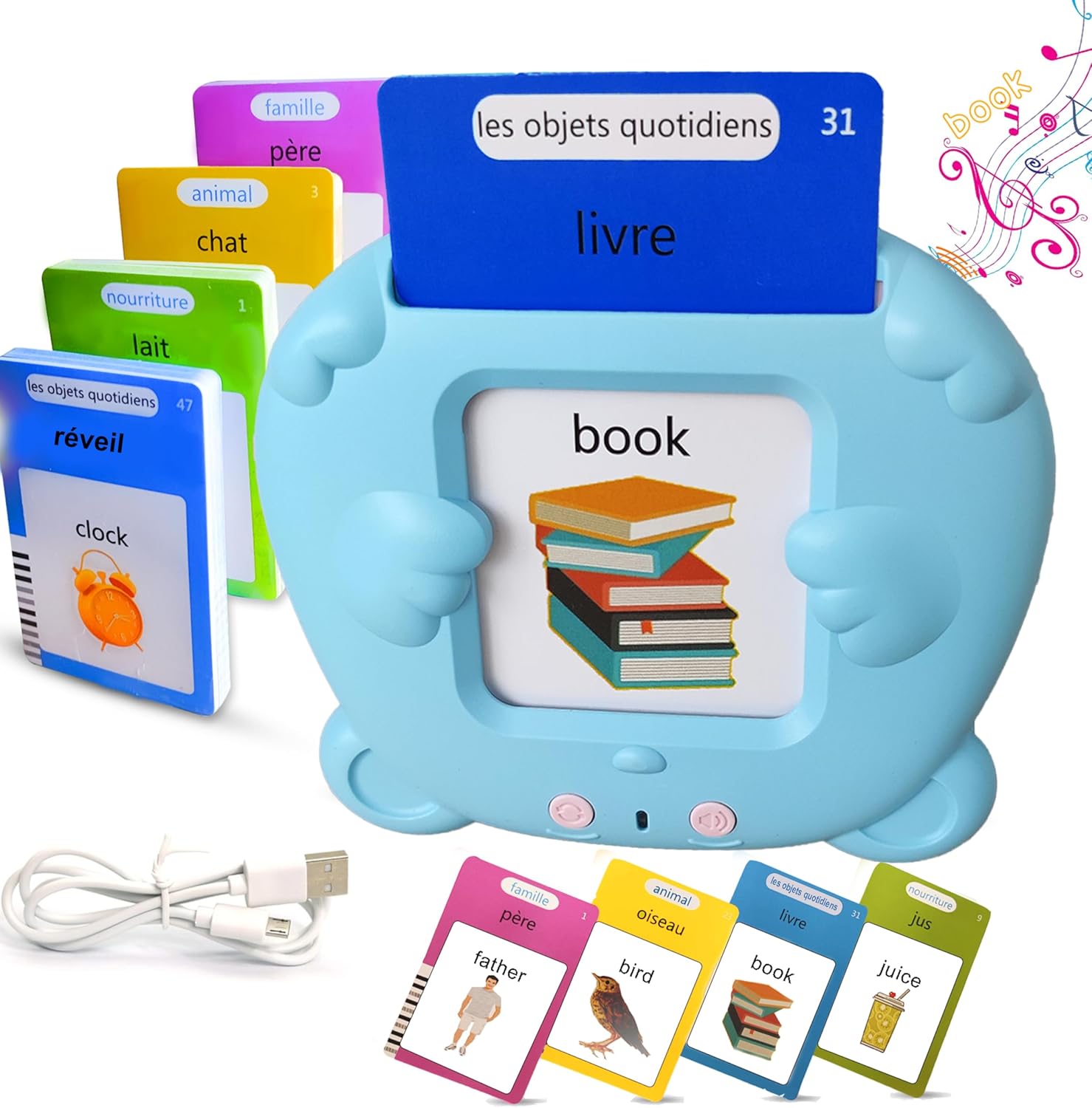 Cartes Flash Parlantes éducatives pour Enfants Talking Flash Cards 112 Cartes 224 Mots De 3 4 5 6 7 Ans Montessori Autiste Jouet éducatif pour Enfant Cadeau d'anniversaire motami (Français-Bleu) Français & Bilingue avec Anglais-Bleu