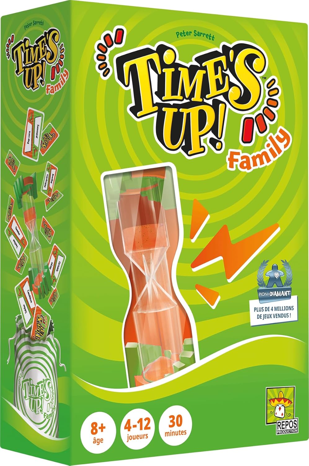 Time’S UP! Family avec Sablier Géant – Jeu de Société Famille pour Enfants dès 8 Ans - Jeu de Cartes Ambiance - Mimes & Devinettes – 4 à 12 Joueurs- 30 Min- en Français - Repos Production