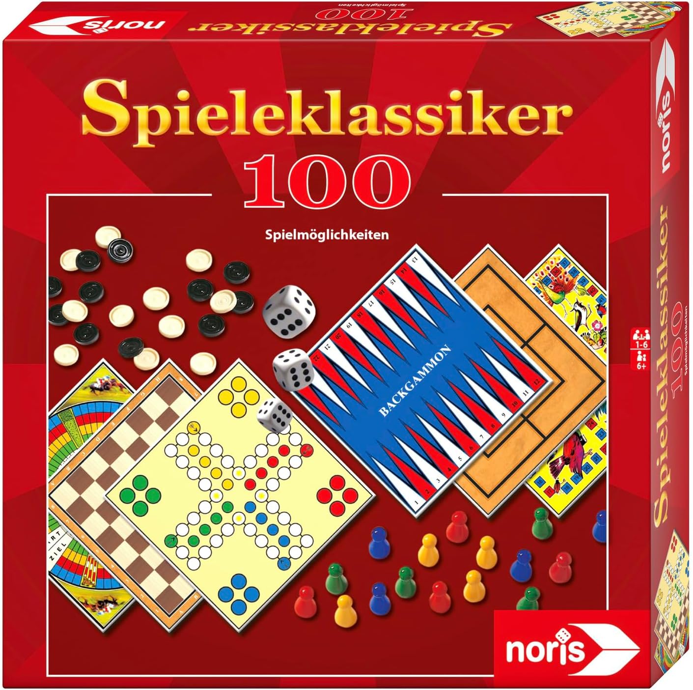 Noris 606111686 - Jeu Classique avec 100 possibilités de Jeu comme Moulin, Dame, Backgammon ou Juste Pas d'excitation, pour 1 à 6 Joueurs à partir de 6 Ans