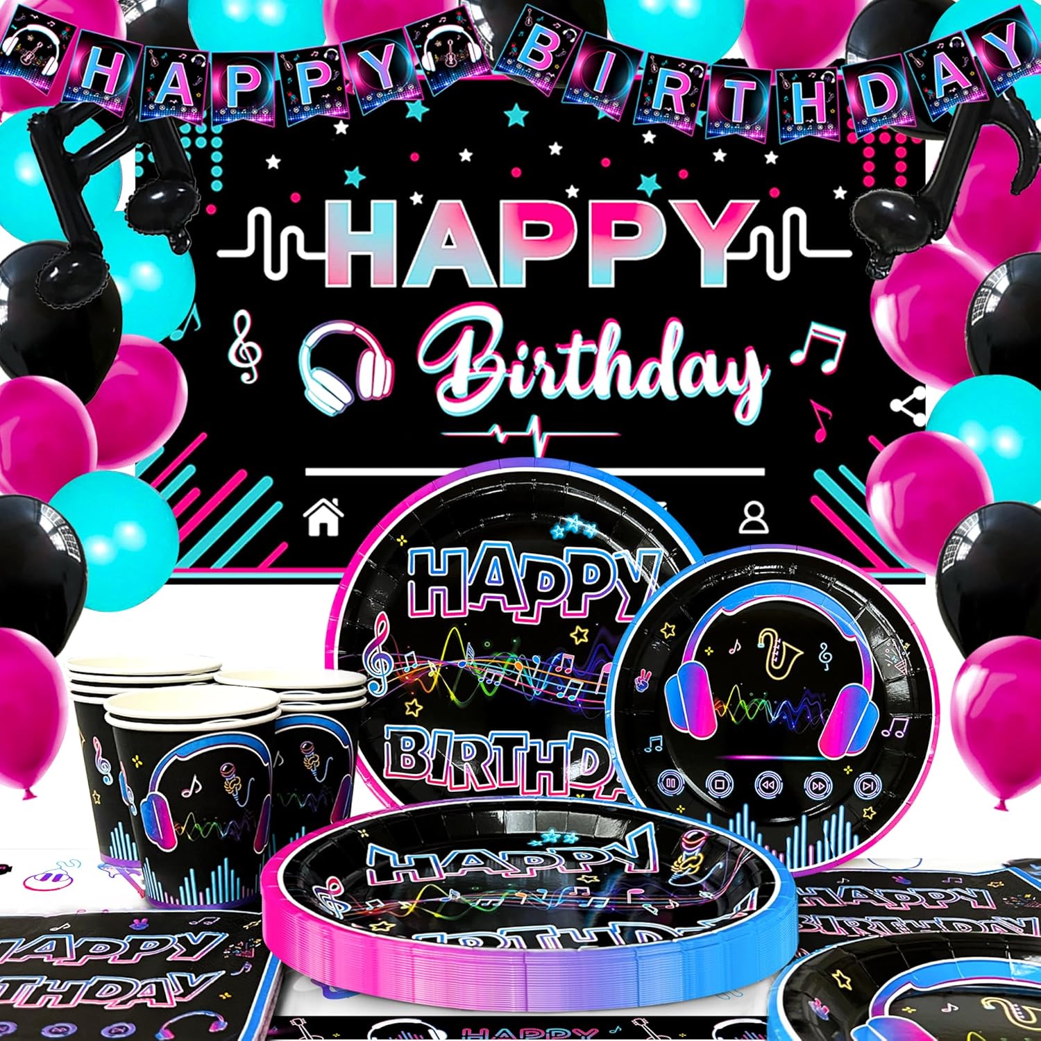 Fournitures de Music Anniversaire, Vaisselle Décoration Anniversaire Music - Inclure Nappe Assiette Bannière Ballon etc Soirée à Thème de Musique Fournitures, pour 16 Invites