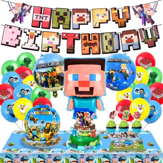 Kit de Décoration de Fête d'Anniversaire, 71 Pièces Pixel Deco Anniversaire à Thème pour Enfant, Bannières d'Anniversaire, Vaisselle Assiettes Serviettes, Ballons, Decoration Gateau Bleu